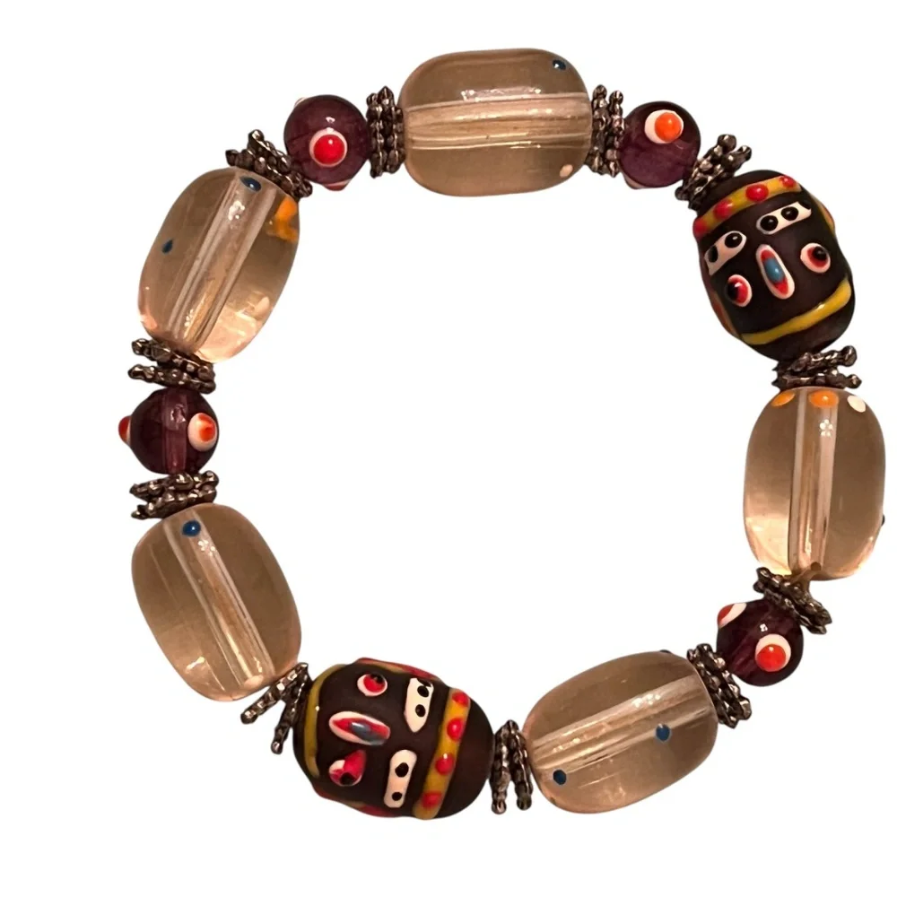 Vintage Face Trade Bead Stretch Bracelet Tribal Folk Art Jewelry Unisex